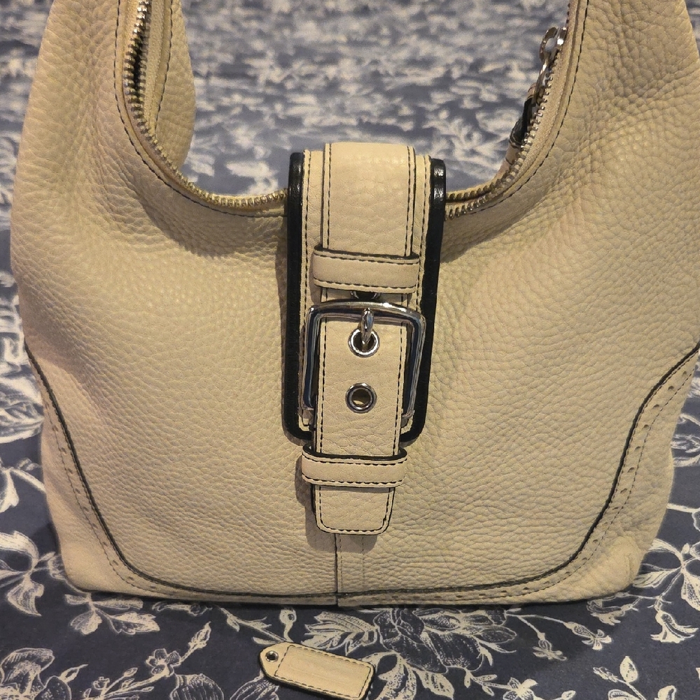 Coach Cream Pebbled Leather Shoulder Bag with Buckle